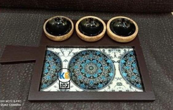 Handmade Black Blue Floral Wooden Dosa Wooden Pizza Platter / Pan with 3 Cups - ArtyCraftz.com