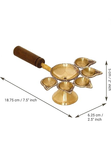 Brass Panchmukhi Aarti Diya with Wooden Handle-ArtyCraftz.com