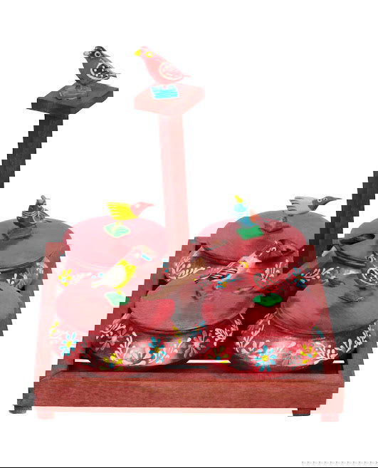 Parrot Jar Set With Tray And Spoon In Wood With Emboss Hand Painted Red For Kitchen & Dinning Ware - ArtyCraftz.com