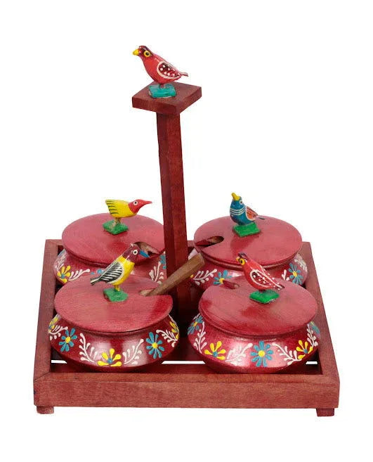 Parrot Jar Set With Tray And Spoon In Wood With Emboss Hand Painted Red For Kitchen & Dinning Ware - ArtyCraftz.com