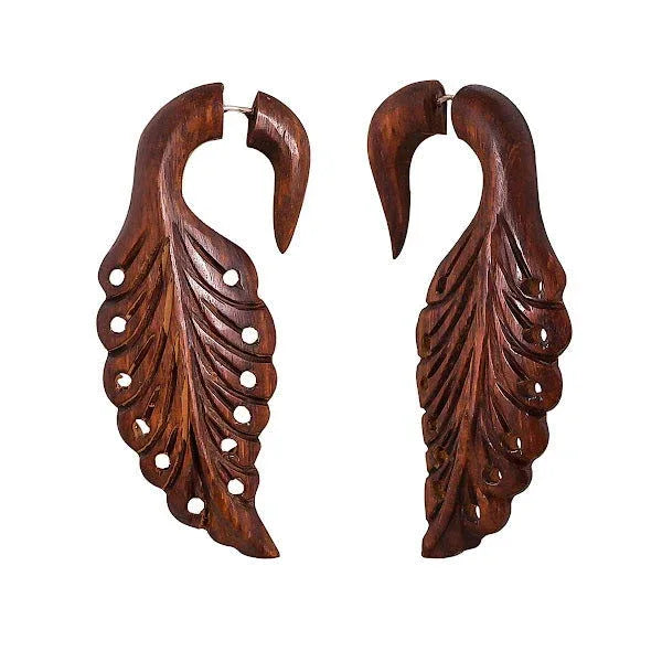 Peacock Style Wood Fake Gauges Earrings-2.75" - ArtyCraftz.com