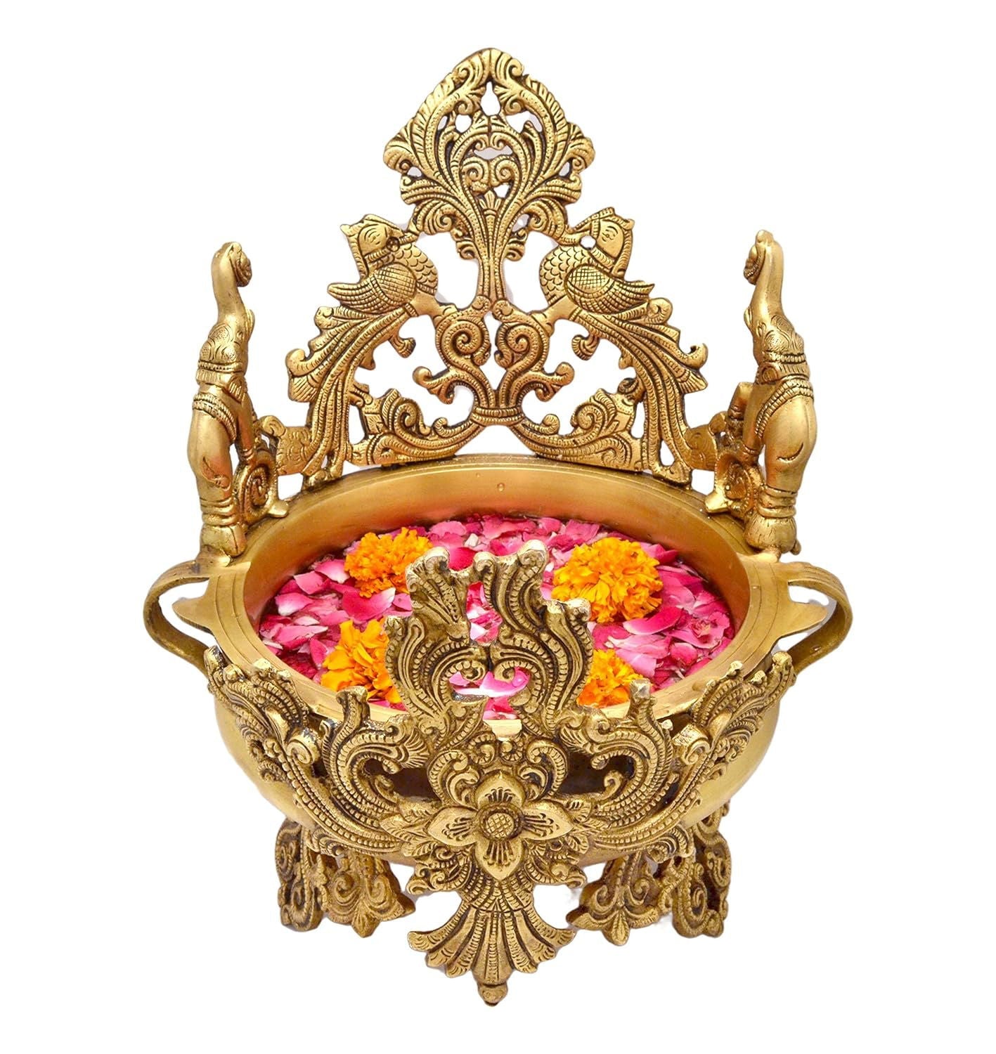 Peacock and Elephant Beautifully Carved Brass Made Urli - ArtyCraftz.com