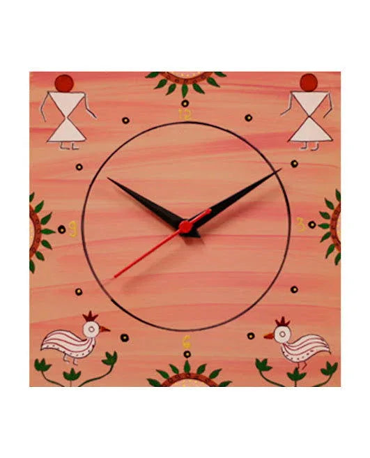 Pink Warli Hand Painted Wall Clock - ArtyCraftz.com