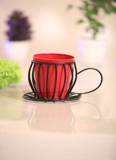 Plant in A Cup' Table and Floor Decorative Metal Flower Planter Pot, Glossy Red & Black, - ArtyCraftz.com