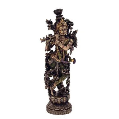 Handcrafted 35 cm multicolour resin Krishna idol in Tribhanga pose playing flute, ornate scrollwork body, green dhoti, gold jewellery finish, on decorative lotus base — ArtyCraftz