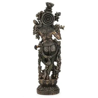 Handcrafted 35 cm multicolour resin Krishna idol in Tribhanga pose playing flute, ornate scrollwork body, green dhoti, gold jewellery finish, on decorative lotus base — ArtyCraftz