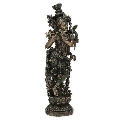 Handcrafted 35 cm multicolour resin Krishna idol in Tribhanga pose playing flute, ornate scrollwork body, green dhoti, gold jewellery finish, on decorative lotus base — ArtyCraftz