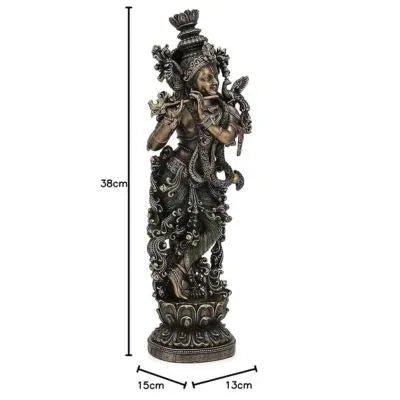 Handcrafted 35 cm multicolour resin Krishna idol in Tribhanga pose playing flute, ornate scrollwork body, green dhoti, gold jewellery finish, on decorative lotus base — ArtyCraftz