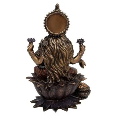 Handcrafted 12.5-inch resin bonded bronze Lakshmi idol — seated on lotus with Om-engraved palm, Kalasha, purple lotus blooms and gemstone-accented jewellery, dark antique bronze finish — ArtyCraftz