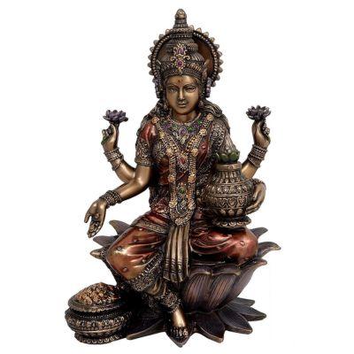 Handcrafted 12.5-inch resin bonded bronze Lakshmi idol — seated on lotus with Om-engraved palm, Kalasha, purple lotus blooms and gemstone-accented jewellery, dark antique bronze finish — ArtyCraftz
