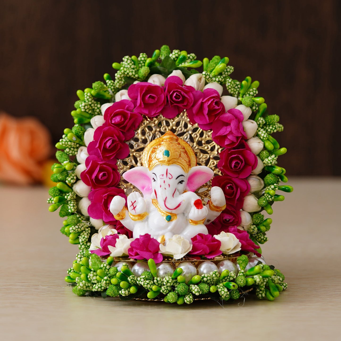 Polyresin Ganesh on Floral Base and Floral Arch-ArtyCraftz.com