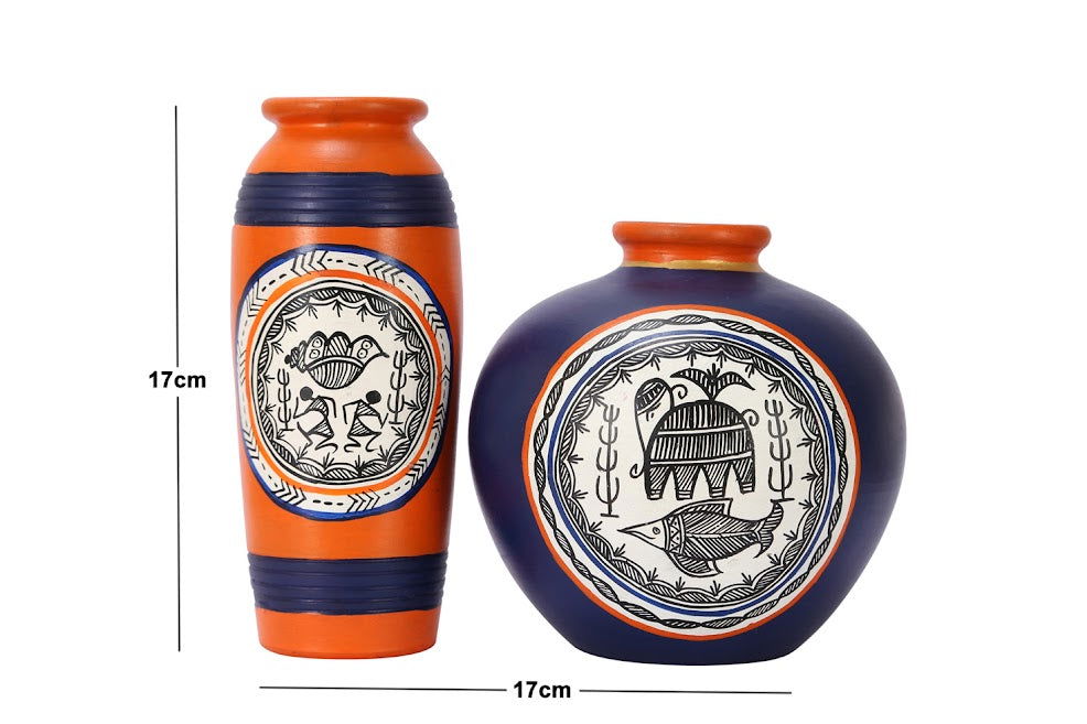 Combo Of Terracotta Handpainted Decorative Vase / Pots Orange & Blue Set Of 2 - ArtyCraftz.com