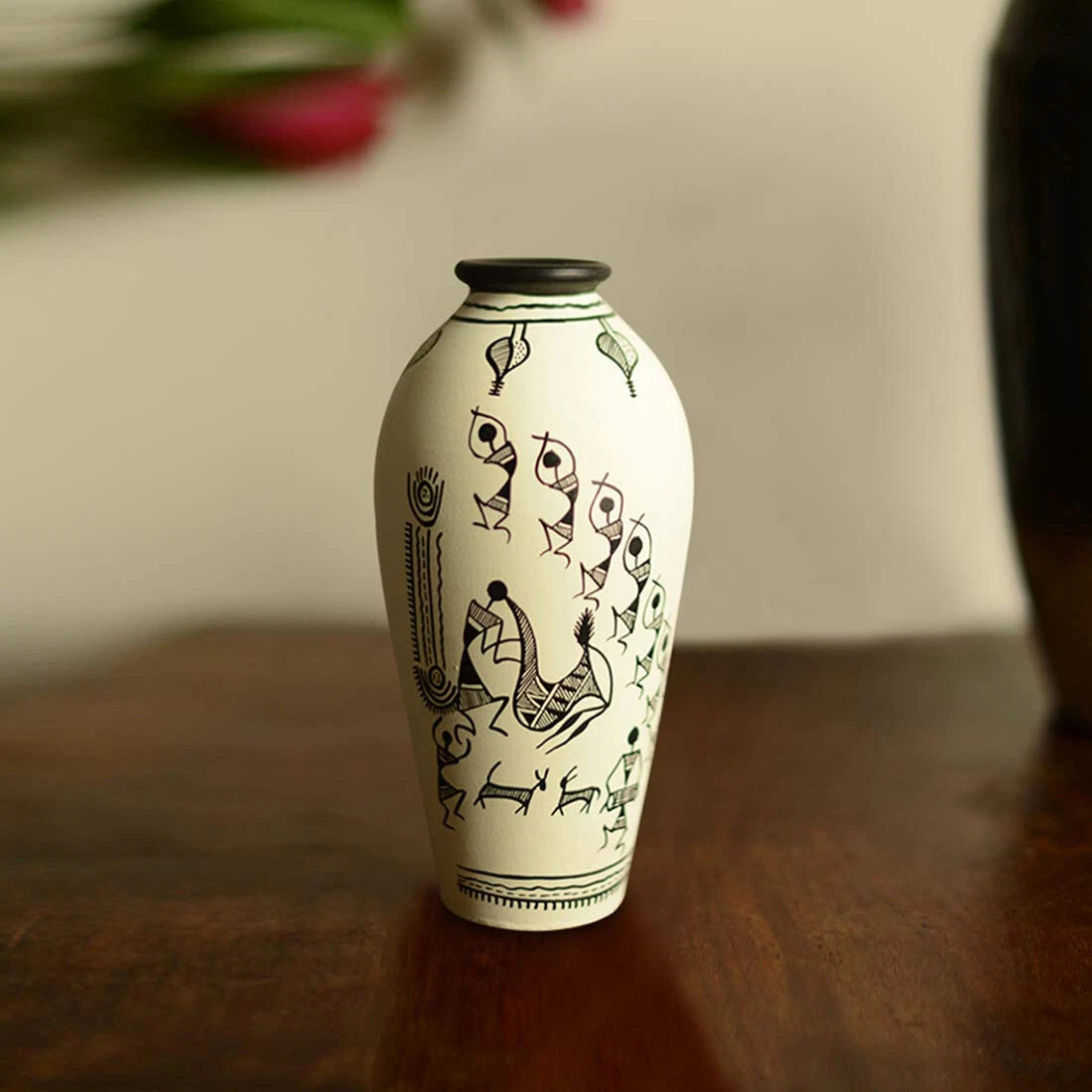 Terracotta Vase / Pots White Warli Handpainted Tapered - Flower Vase - ArtyCraftz.com