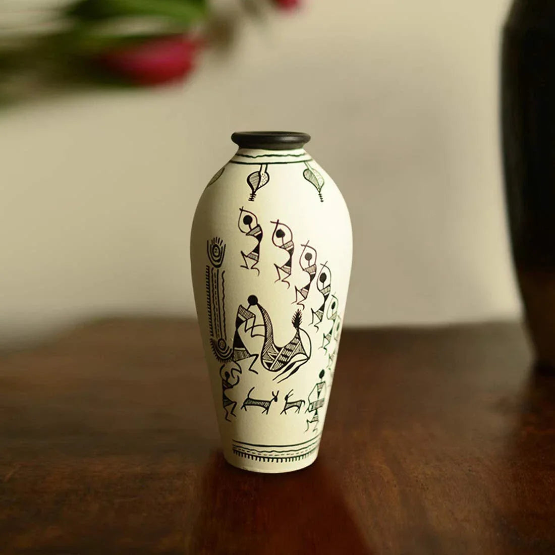 Terracotta Vase / Pots White Warli Handpainted Tapered - Flower Vase - ArtyCraftz.com