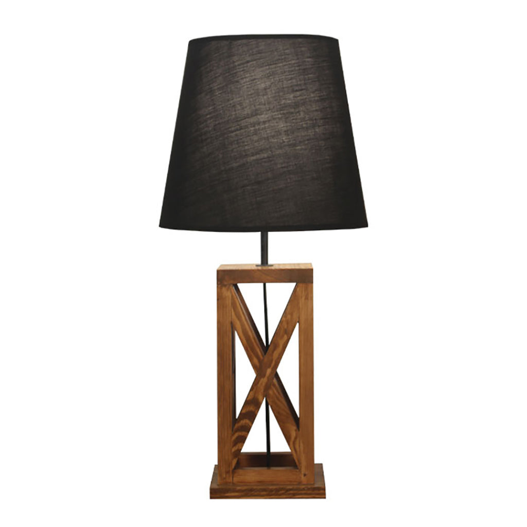 Symmetric Brown Wooden Table Lamp with Black Fabric Lampshade