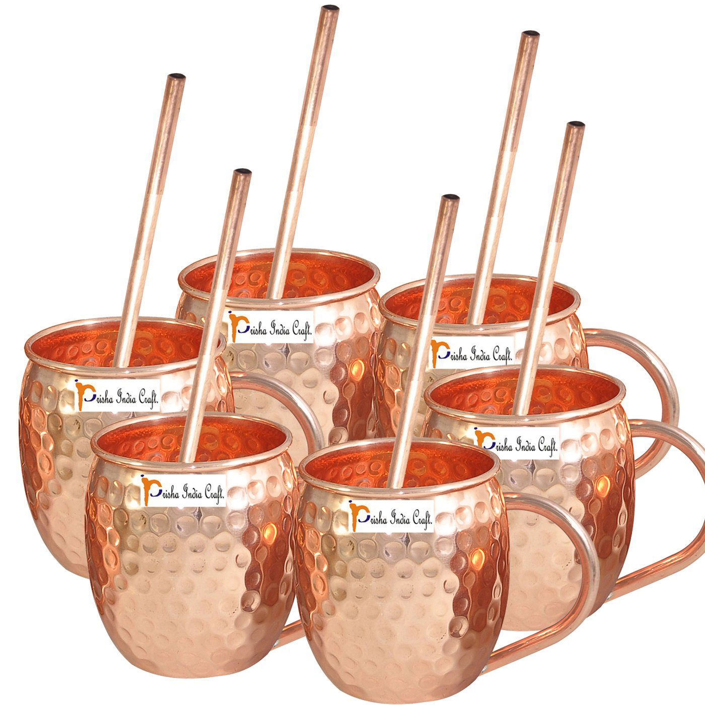 Pure Copper Barrel Mug with Straws, 520 ML, Set of 6 - ArtyCraftz.com
