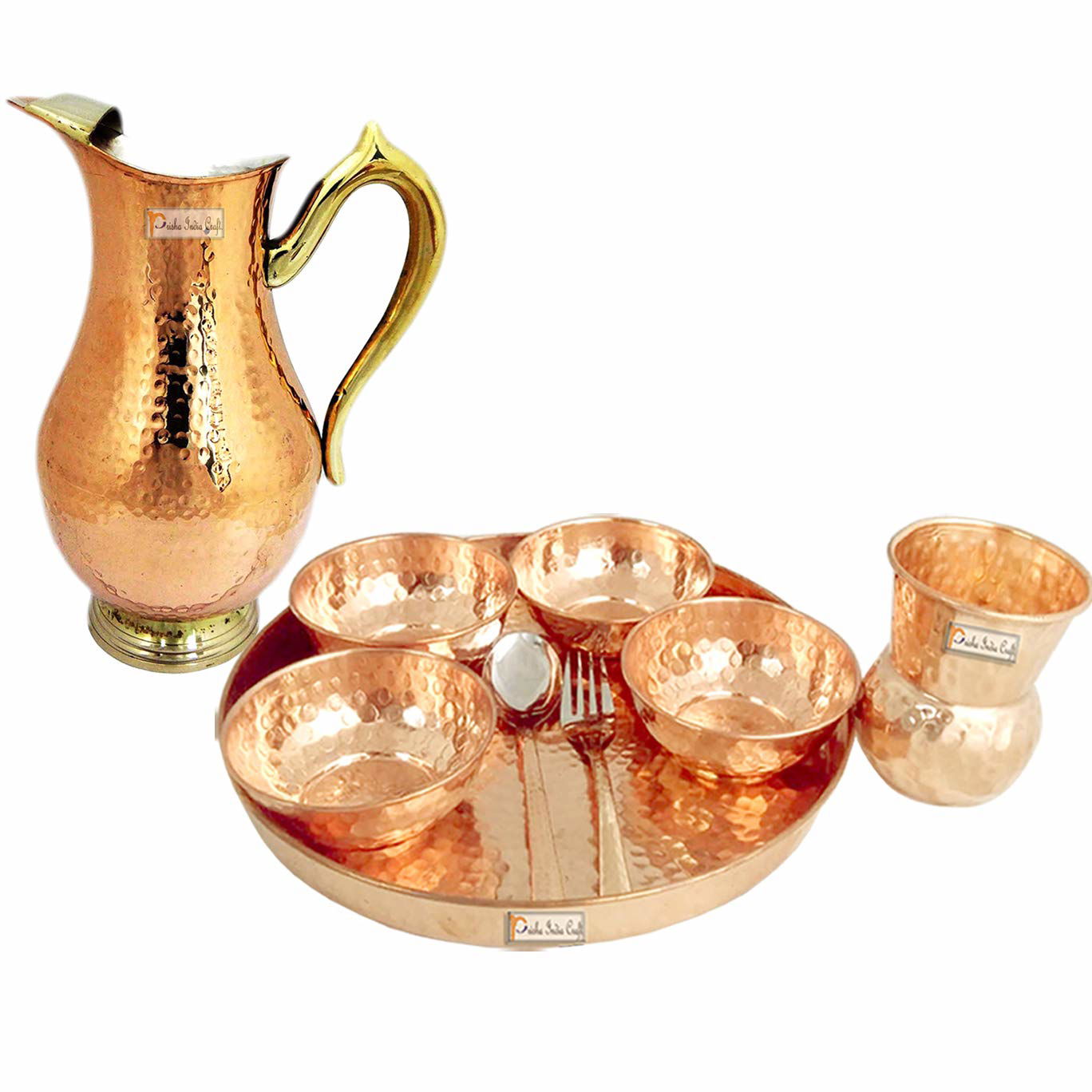 Pure Copper Dinner Thali Set, Serveware & Dinnerware, 9 Pieces - ArtyCraftz.com
