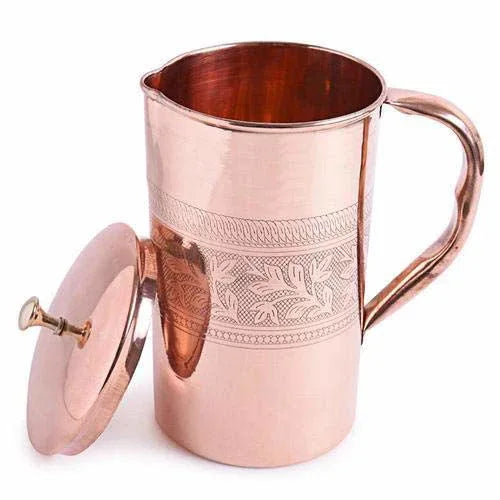 Pure Copper Embossed Design Jug Lacqour Coated Pitcher, Storage & Serving Water, Health Benefits, 1200 ML - ArtyCraftz.com
