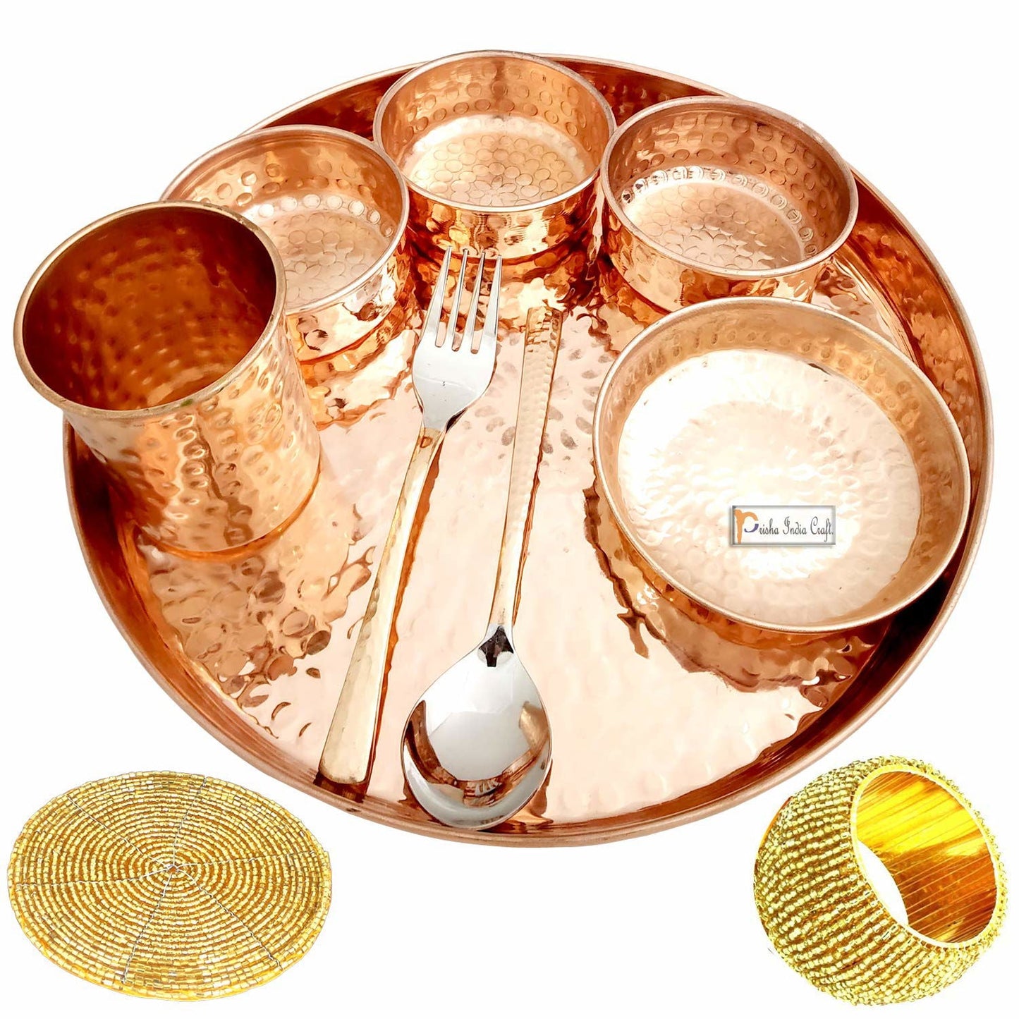 Pure Copper Thali Set of Plate, Bowl, Spoon, Fork, Glass, 12-inch - ArtyCraftz.com