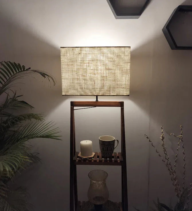 Raphael Wooden Floor Lamp with Brown Base and Jute Fabric Lampshade-ArtyCraftz.com
