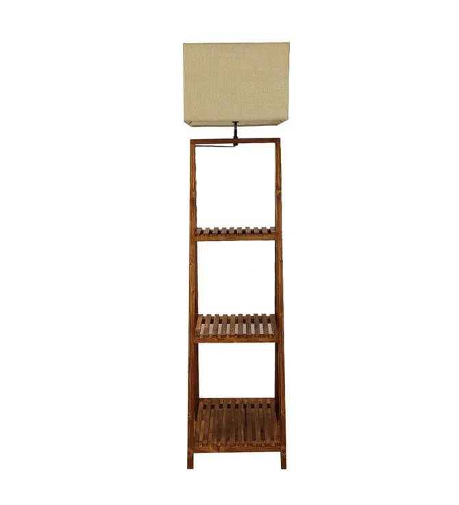 Raphael Wooden Floor Lamp with Brown Base and Jute Fabric Lampshade-ArtyCraftz.com