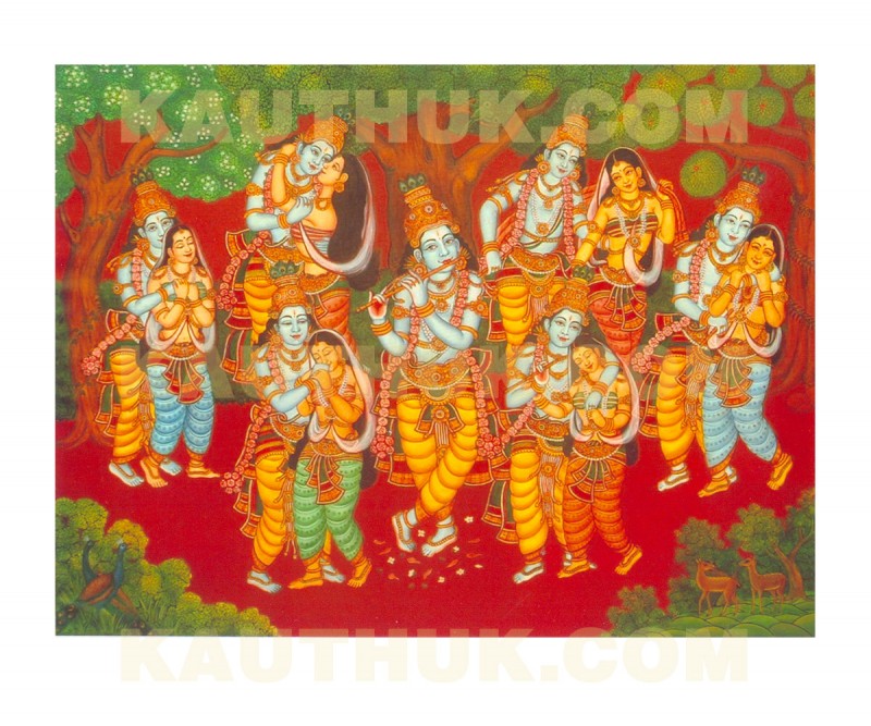 Kerala Wall Mural Painting Divine Krishna Rasa Leela Scene-ArtyCraftz.com