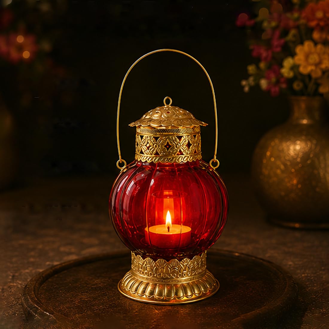Red Glass T-Light Lantern with Gold Finish-artycraftz.com