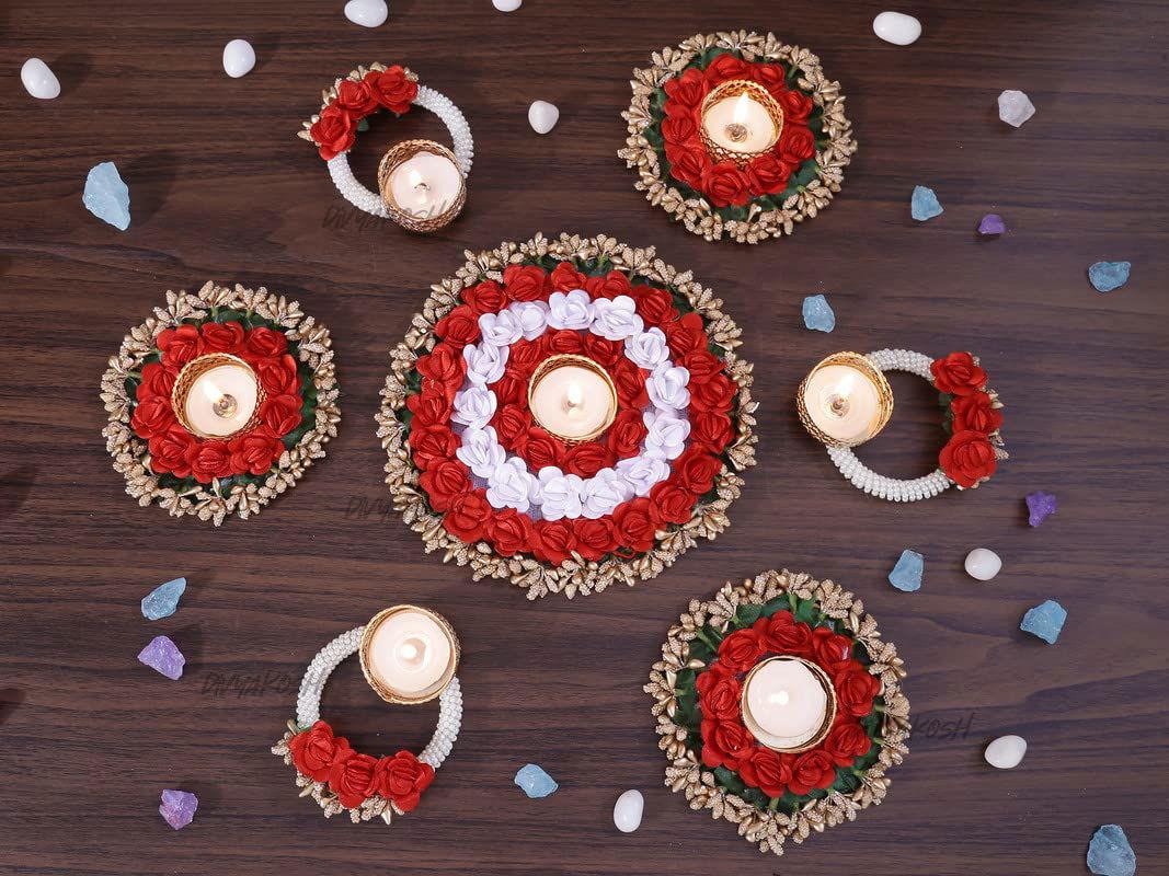 Red & White Artificial Flowers Tealight Holders Rangoli Mats for Home Decoration- 7 Pcs Red & White Rangoli Diwali Decoration Items for Home decor Diwali Lights for Decoration Decorative Gift Items - ArtyCraftz.com