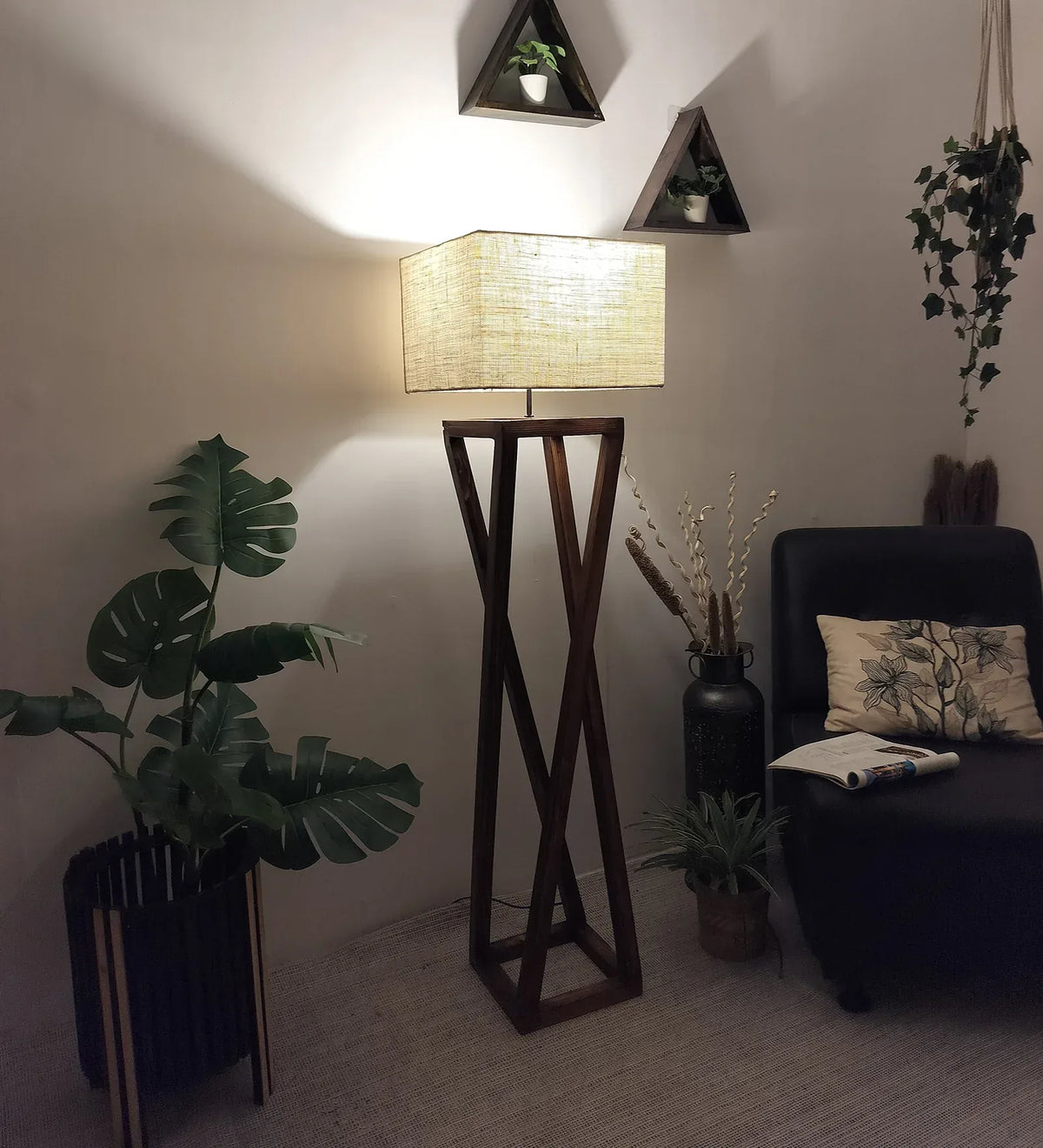 Remy Wooden Floor Lamp with Brown Base and Beige Fabric Lampshade - ArtyCraftz.com