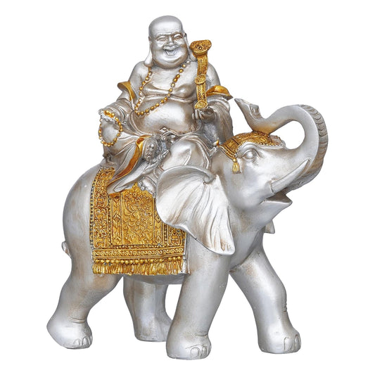 Resin Silver Golden Laughing Buddha Statue Seating on Elephant Showpiece-ArtyCraftz.com