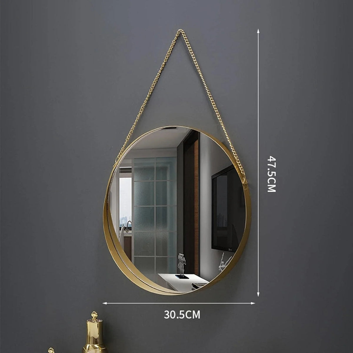 Round Wall Mirror with Chain Metal Frame Hanging Mirror-ArtyCraftz.com