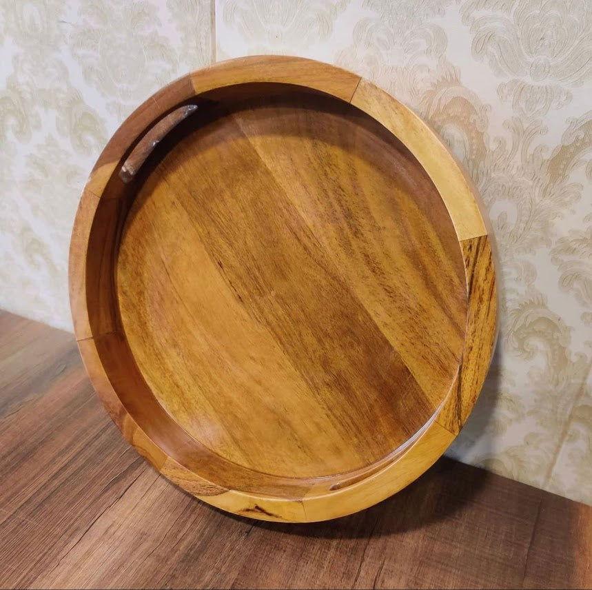 Handcrafted Round Mango Wood Serving Tray with Handles-ArtyCraftz.com