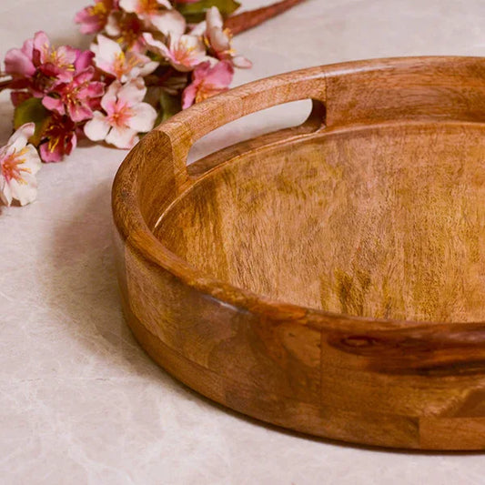 Handcrafted Round Mango Wood Serving Tray with Handles Handle View-ArtyCraftz.com