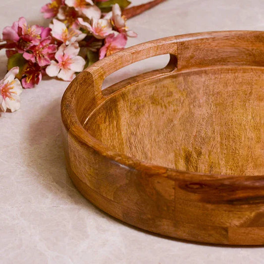 Handcrafted Round Mango Wood Serving Tray with Handles Handle View-ArtyCraftz.com