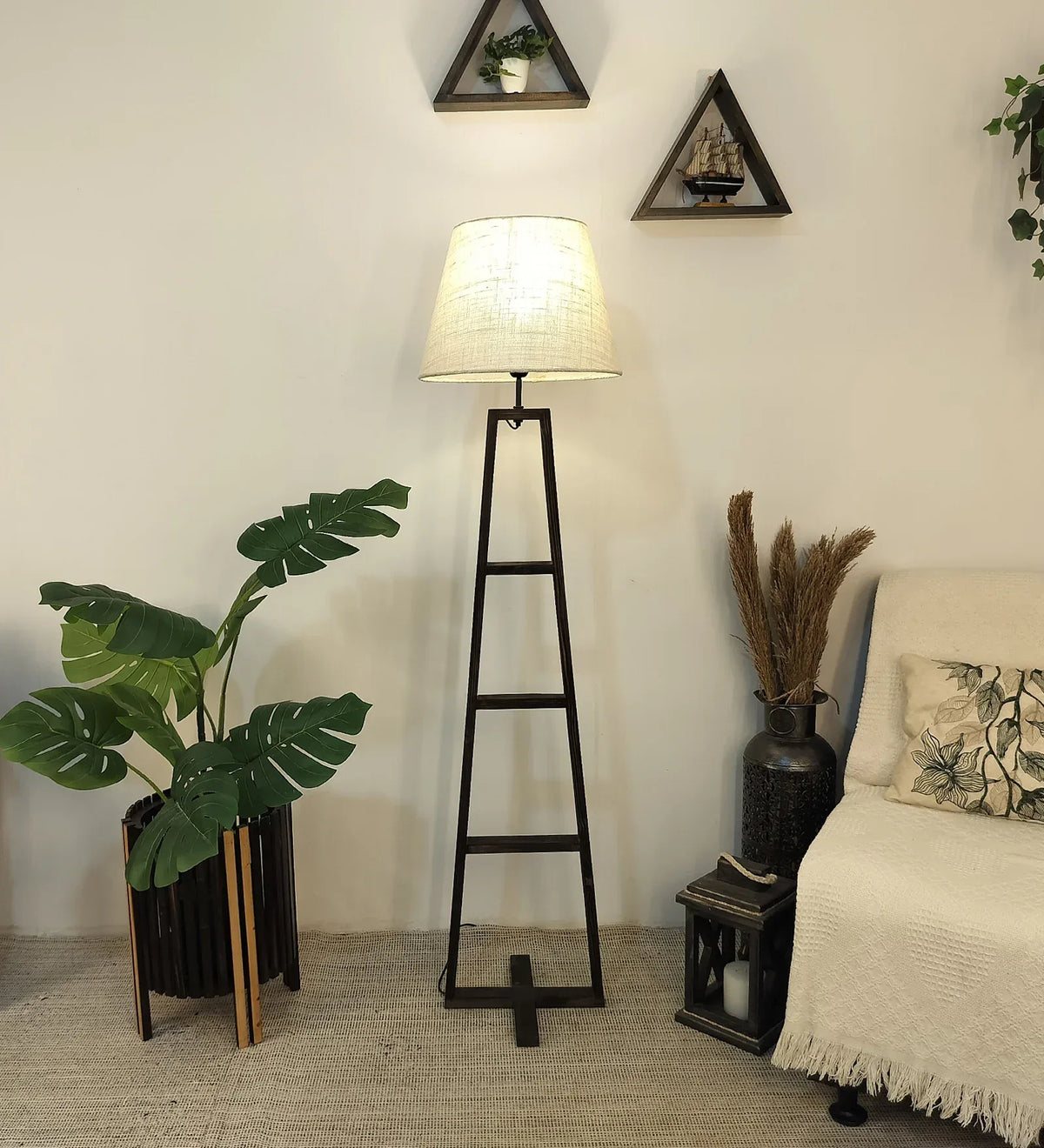 Salita Wooden Floor Lamp with Brown Base and Beige Fabric Lampshade - ArtyCraftz.com