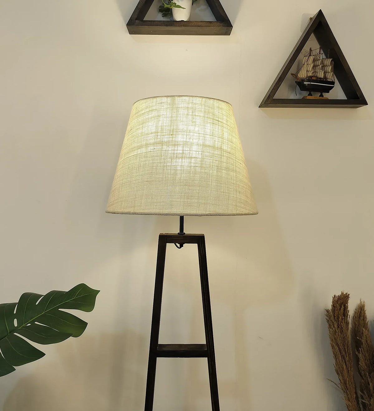 Salita Wooden Floor Lamp with Brown Base and Beige Fabric Lampshade - ArtyCraftz.com