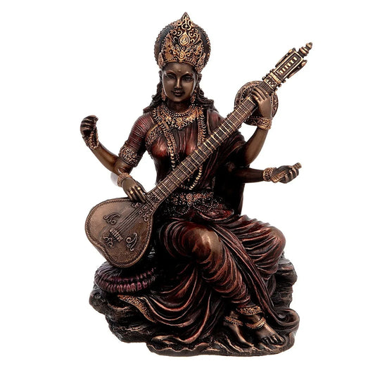 Hindu Goddess of Knowledge, Music & Art Dattatreya Bonded Bronze Saraswati Idol/Statue/Sculpture for Home Decor (Multicolour, 19.5cm Height X 18.4cm Width) - ArtyCraftz.com