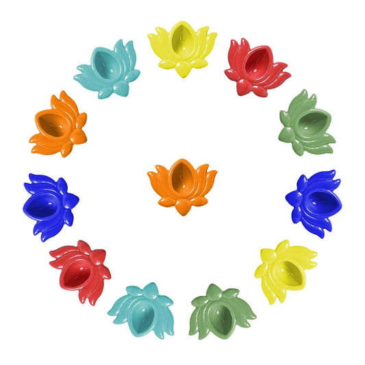 Set of 12 multicolor ceramic lotus diyas for Diwali and pooja decor-ArtyCraftz.com