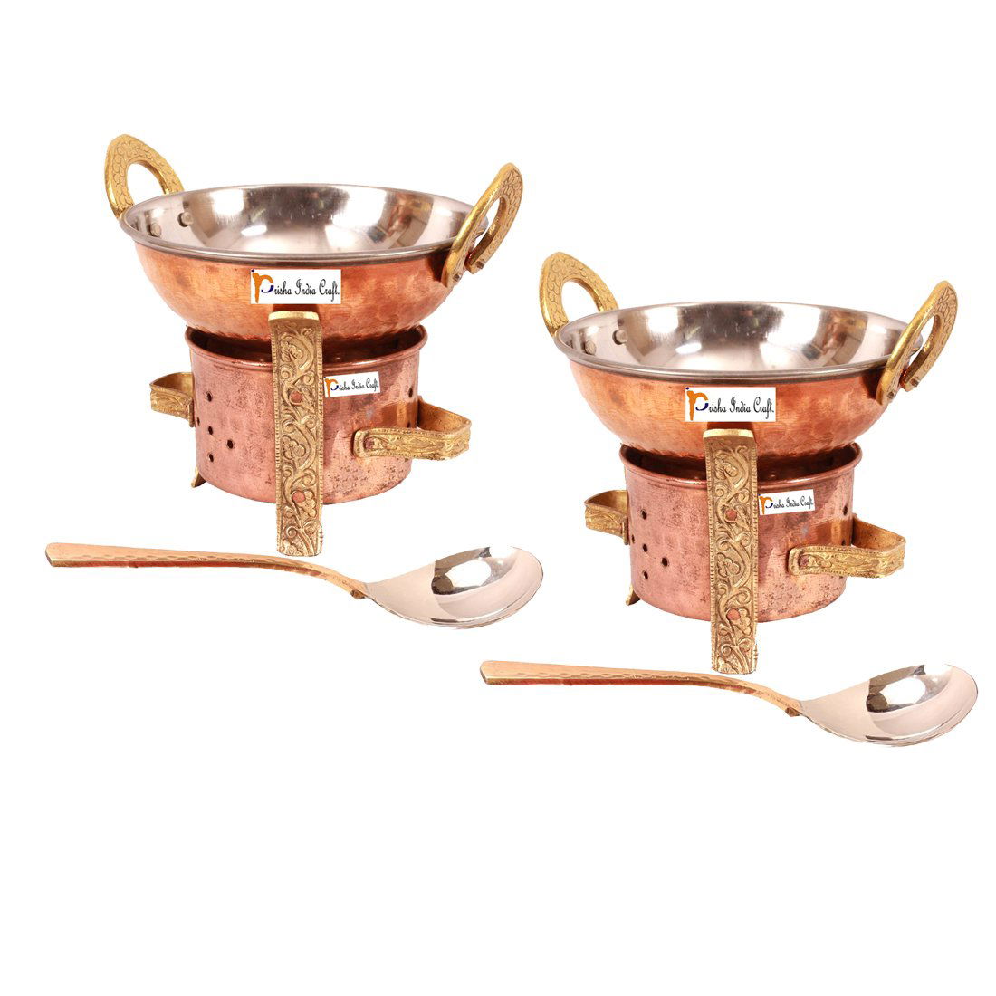 Set of 2 Copper Sigdi angeethi with Brass Stand & 2 Steel Copper Kadhai with 2 Serving Spoon - Diwali Gift - ArtyCraftz.com