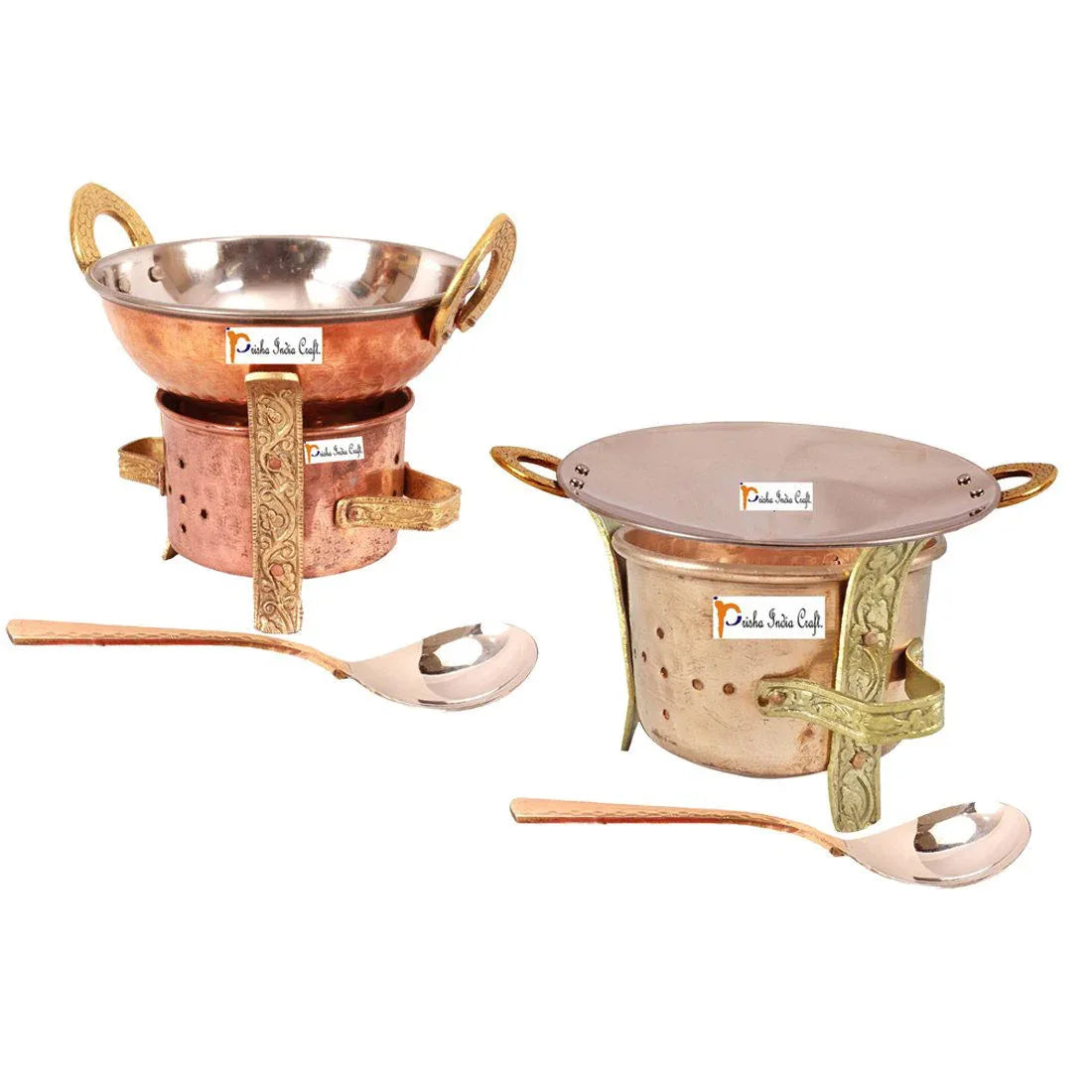 Set of 2 Copper sigri with One kadhai, One Tawa and Two Serving Spoon, Copper sigdi Set Kitchen Cookware Accessories - Diwali Gift - ArtyCraftz.com
