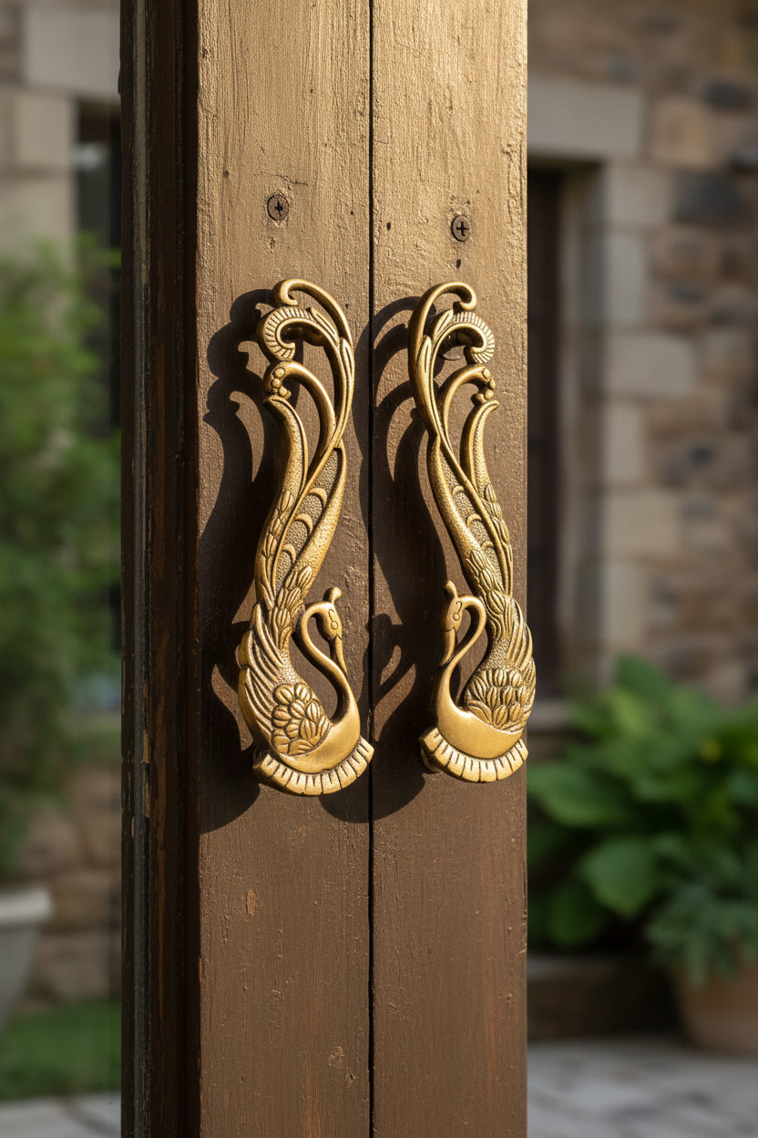 Set of 2 decorative brass peacock door handles with engraved detailing-artycraftz.com