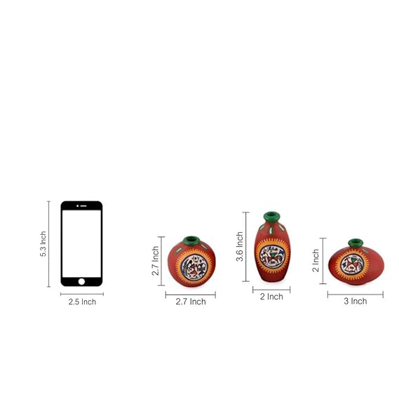 Set of 3 Terracotta Golden Miniature Madhubani Table Pots Flower Vase - ArtyCraftz.com