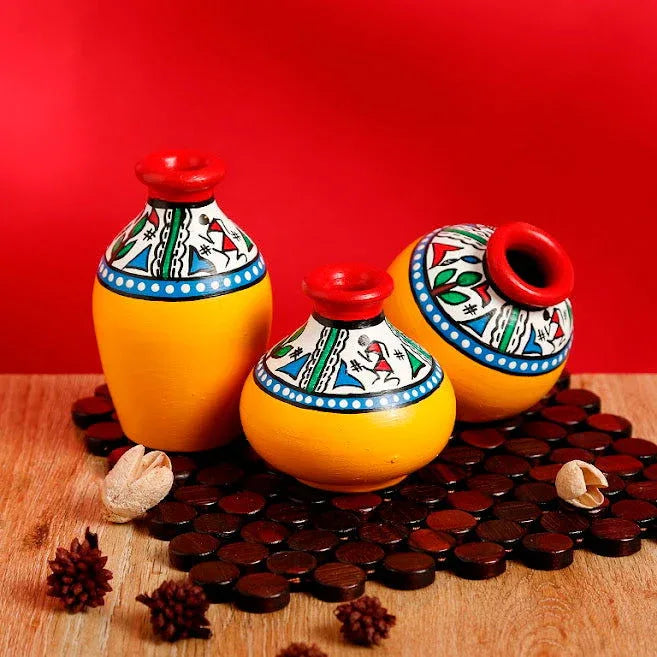 Set of 3 Terracotta Warli Painted Miniature Flower Vase- ArtyCraftz.com