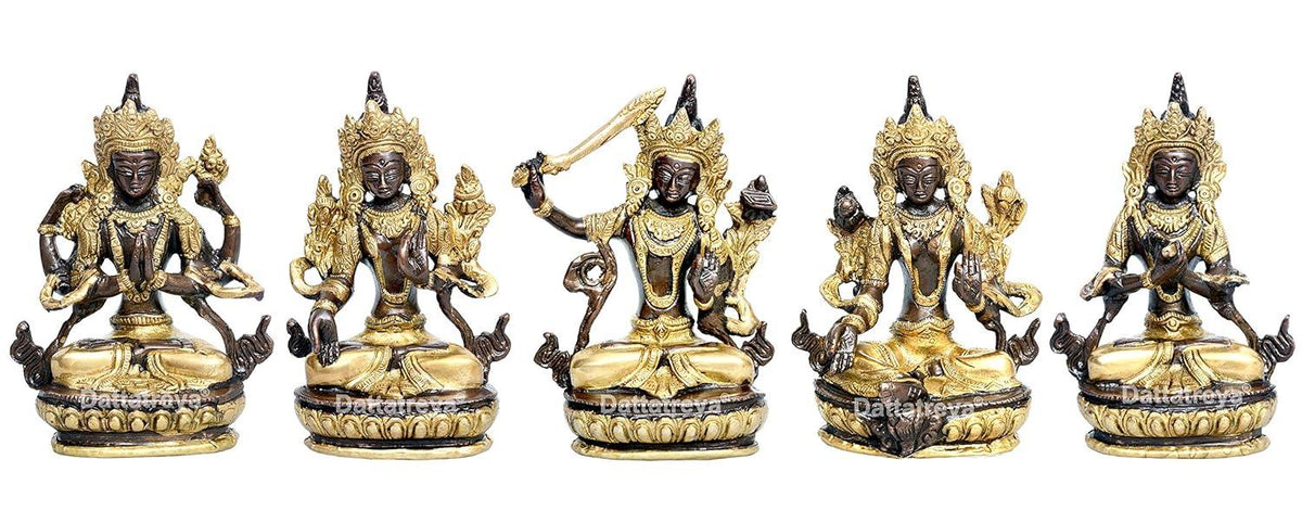 Set of 5 handcrafted 5.5-inch solid brass Tibetan Buddhist deity idols — Green Tara, White Tara, Manjushri with sword, Chenrezig and Vajradhara — black and gold two-tone finish on lotus bases — ArtyCraftz