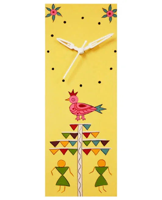 Shiny Yellow Hand Painted Warli Wall Clock - ArtyCraftz.com