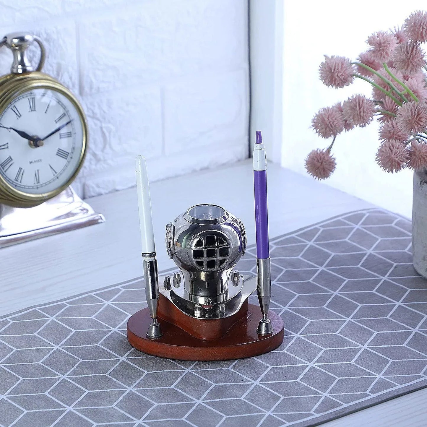 Silver Finish Diving Helmet two Pen slots Holder at solid wooden base - ArtyCraftz.com