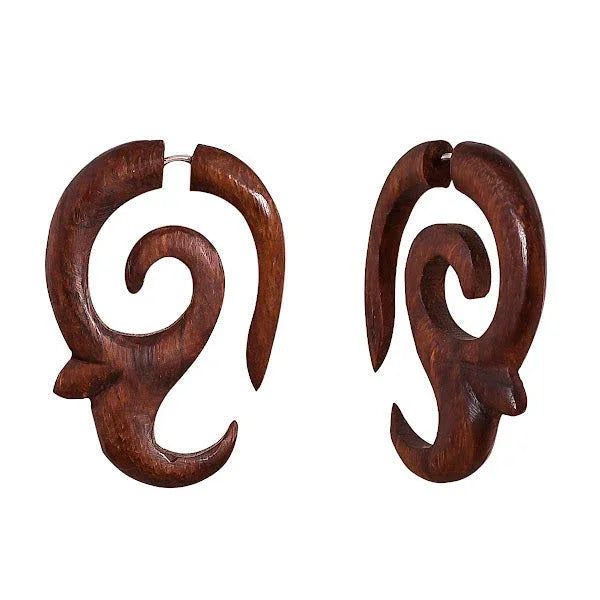 Simplicity Curls Tribal Fake Gauge wooden Earrings 1.8" - ArtyCraftz.com