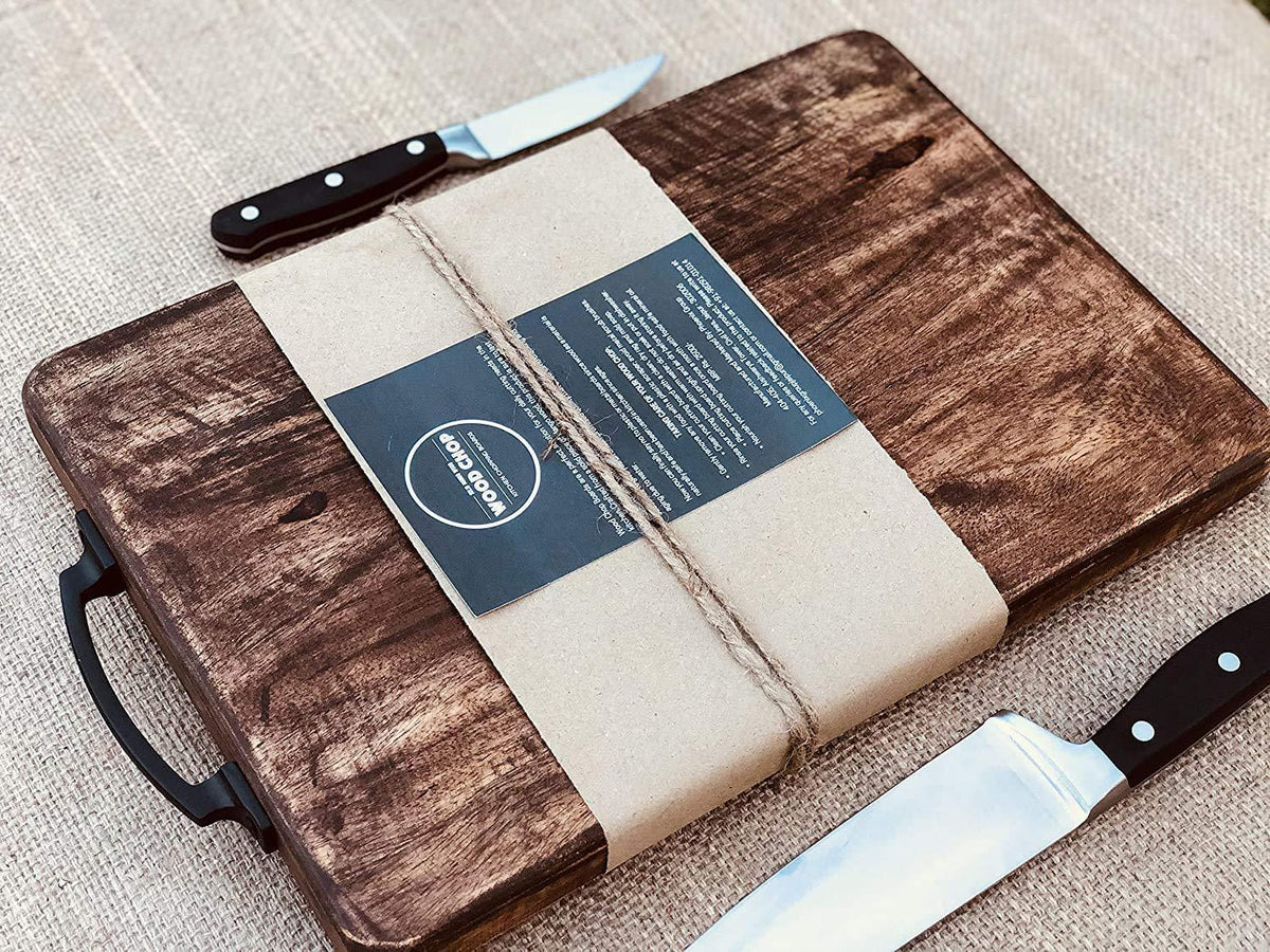Single Solid Block Mango Wood Chopping Board with Metal Handle