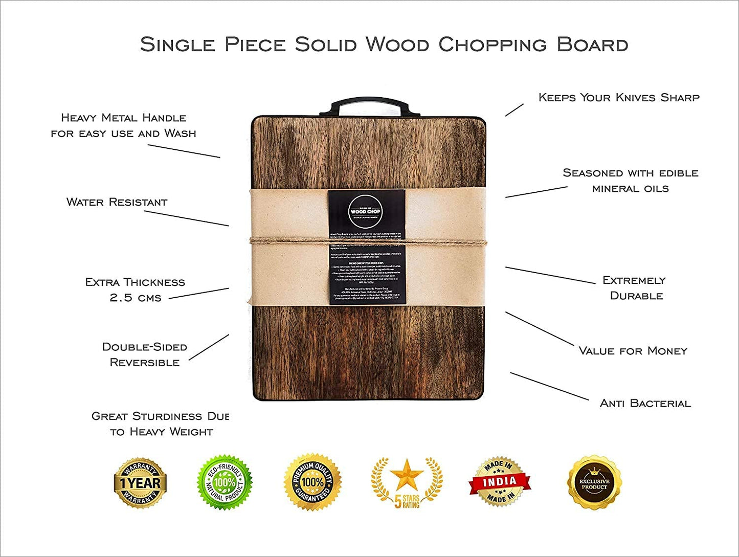 Single Solid Block Mango Wood Chopping Board with Metal Handle