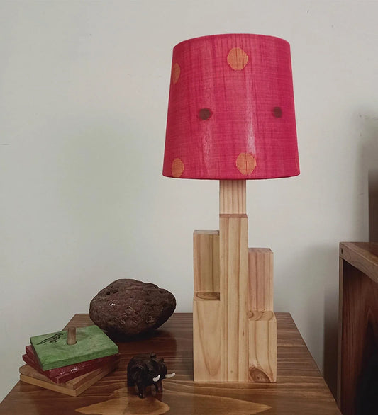 Skyline Beige Wooden Table Lamp with Red Printed Fabric Lampshade